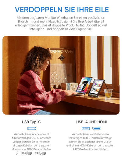 ARZOPA 16.0" 2.5k Portable Monitor, 2560x1600 HDR Display, 500nits 8bit QHD, USB-C HDMI Tragbarer Monitor für Laptop, 16:10 IPS, Unipolar Support für Mac PC PS4/5 Xbox Switch
