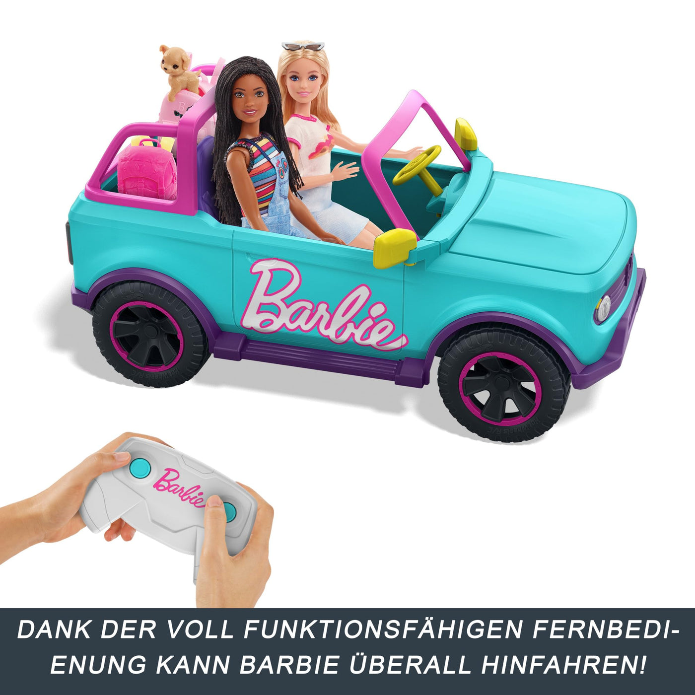 Hot Wheels Ferngesteuertes Auto, Barbie Ferngesteuerter SUV mit Aufklebern, kann 2 Barbie-Puppen Plus Zubehör aufnehmen, individuelle Gestaltung durch aufklebbare Sticker, HTP53