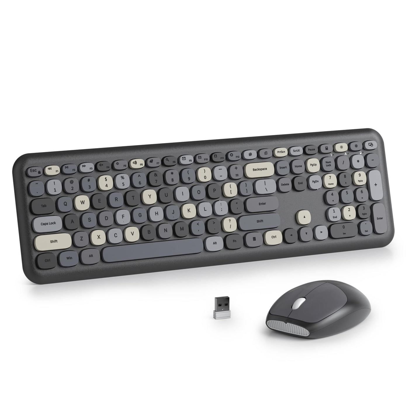 SOLIDEE Buntes kabellose Tastatur und Maus-Kombination,2.4GHz Retro Schreibmaschine Tastatur,104 Tasten in voller mit Ziffernblock,Leise membran Tastatur(Amerikanisch QWERTY)(Black Grey)