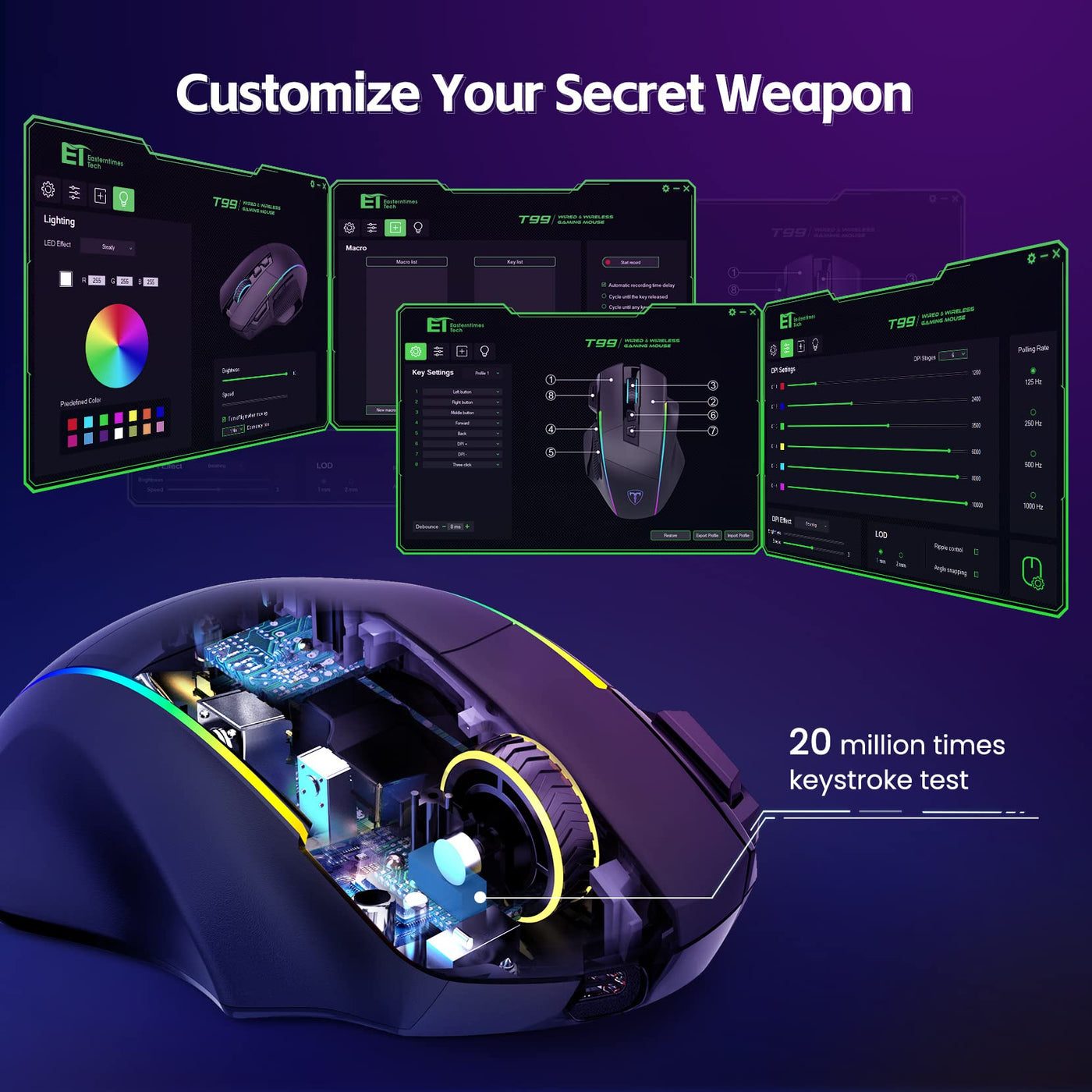 RisoPhy Gaming Maus Kabellose RGB,2.4G/USB-C/Bluetooth Maus mit 8 Programmierbare Tasten/10000DPI/7 RGB Beleuchtung,Wireless Ergonomische Maus für PC/Mac Gamer