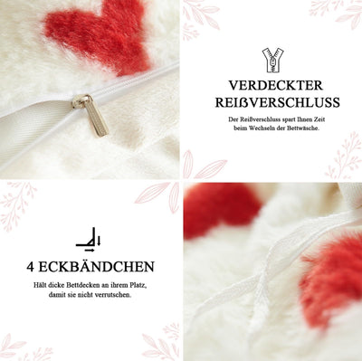 Tospass Plüsch Bettwäsche Set 200x200cm Rot Weiß Herz Liebe Kunstfell Warme Winterbettwäsche Flanell Samt Biber Flauschig Deckenbezug Fleece Bettbezug mit Reißverschluss und 1 Kissenbezug 80x80cm