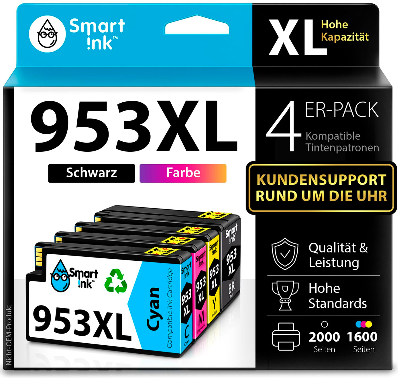 Smart Ink Kompatible Druckerpatronen als Ersatz für HP 953XL 953 XL 4 Multipack (Schwarz XL & Blau Rot Gelb) mit Advanced Chip Technology für Officejet Pro 7720 7730 7740 8210 8218 8710 8715 8718 8720