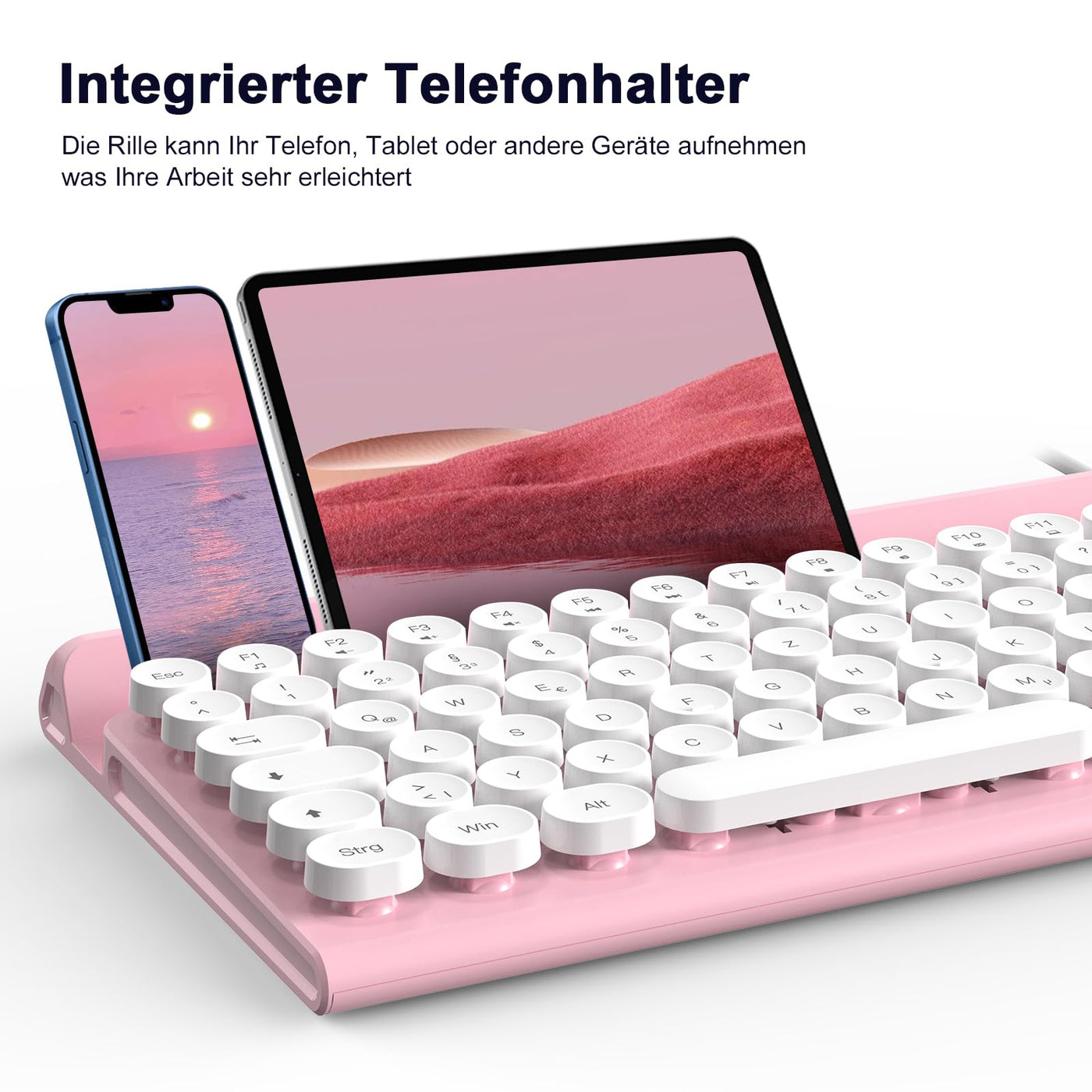 Tastatur Maus Set,RaceGT Tastatur Rosa Retro Schreibmaschine Tastatur Bunt Maus und Tastatur mit Handyhalterung Tastaturen Tastatur Kabel Keyboard für PC Mac Computer Laptop QWERTZ Deutsch