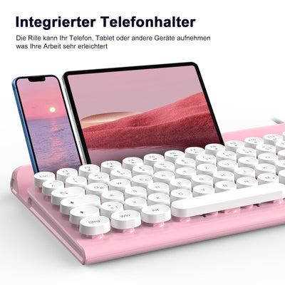 Tastatur Maus Set,RaceGT Tastatur Rosa Retro Schreibmaschine Tastatur Bunt Maus und Tastatur mit Handyhalterung Tastaturen Tastatur Kabel Keyboard für PC Mac Computer Laptop QWERTZ Deutsch