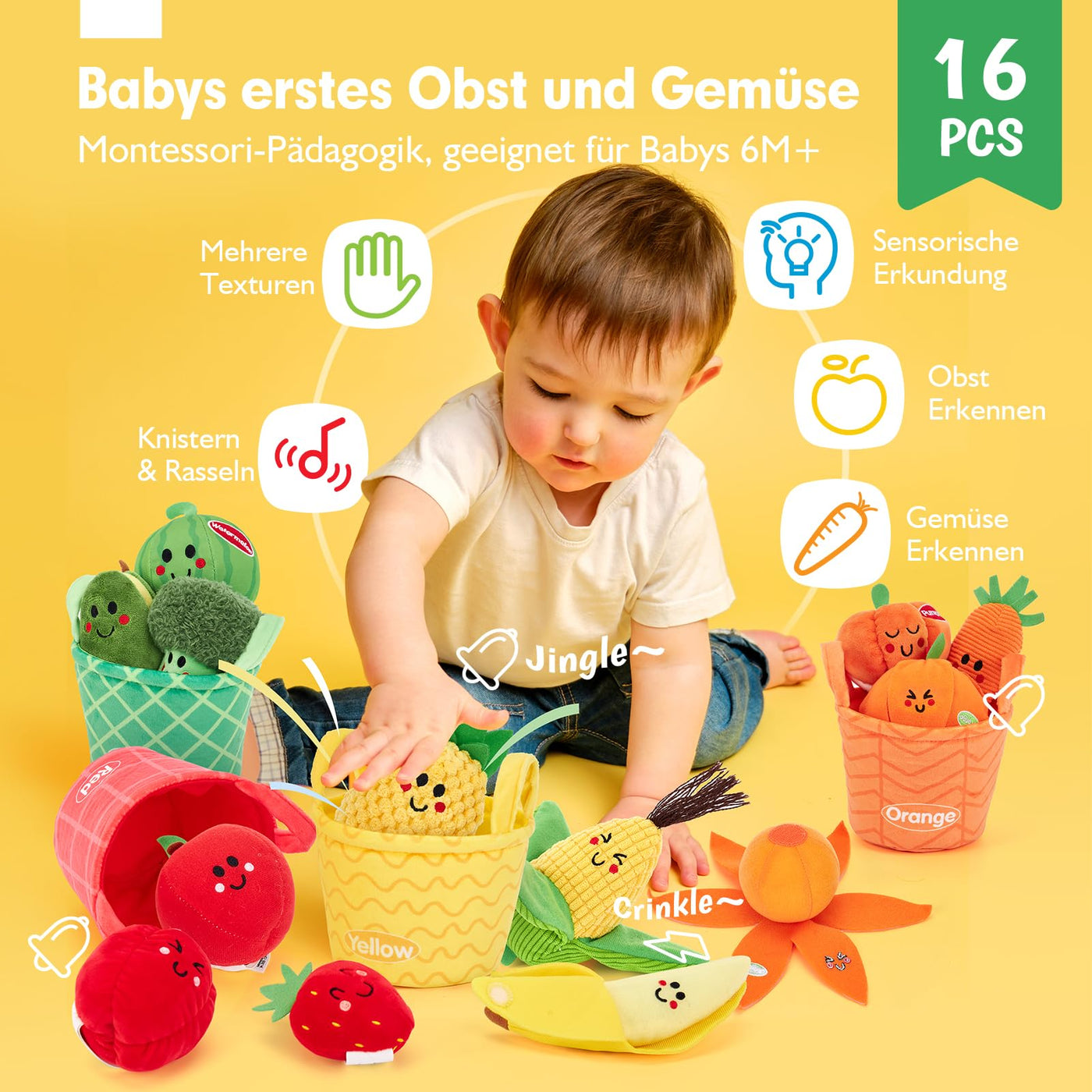 hahaland Baby Spielzeug 6 Monate,Obst und Gemüse Plüsch Spielzeug(16PCS) mit Rassel & Knisterpapier,Fördert Sensorik & Motorik,Montessori Spielzeug ab 6 8 9 12 Monate Geschenk für Jungen Mädchen