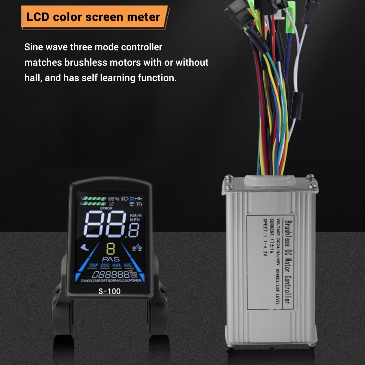 BuyWeek Elektrofahrrad Brushless Motor Controller Kit, 36V 48V 250W 350W 17A 3 Modus Sinuswelle Controller S-100 Farbe LCD Display Meter Kit für Elektroroller E-Bike