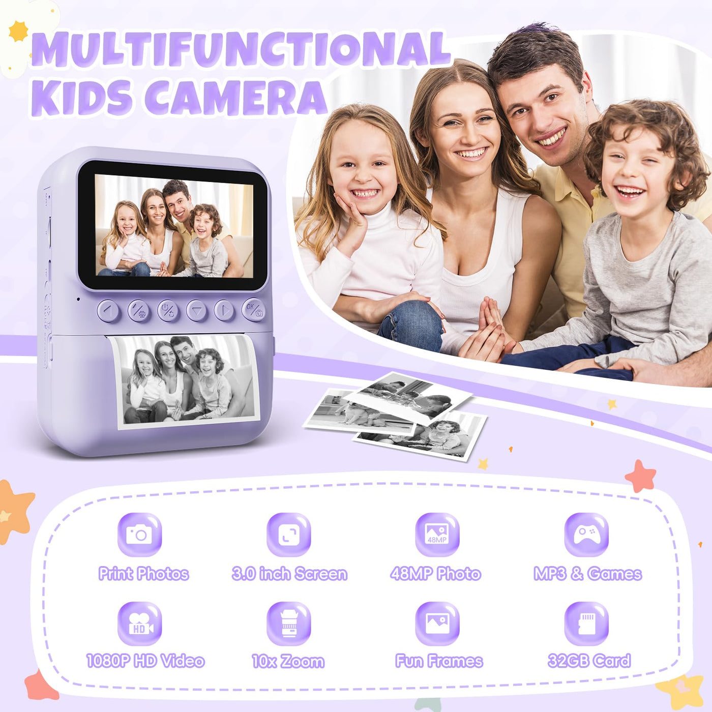 CalineGam Sofortbildkamera Kinder, 3,0 Zoll Bildschirm 48MP Kinderkamera Sofortbildkamera mit 32 GB-Karte, 1080P HD Kamera Kinder Sofortdruck, Geschenk für 3-12 Jungen und Mädchen