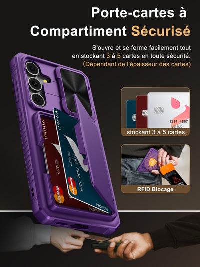 Vihibii für Samsung Galaxy S24 FE Hülle mit Kartenfach (4 Karten) [RFID Blocking] & Kameraschutz, Militärschutz Stoßfeste Handyhülle Kratzfeste Schutzhülle für Samsung S24 FE 6,7'', Dunkel Violett