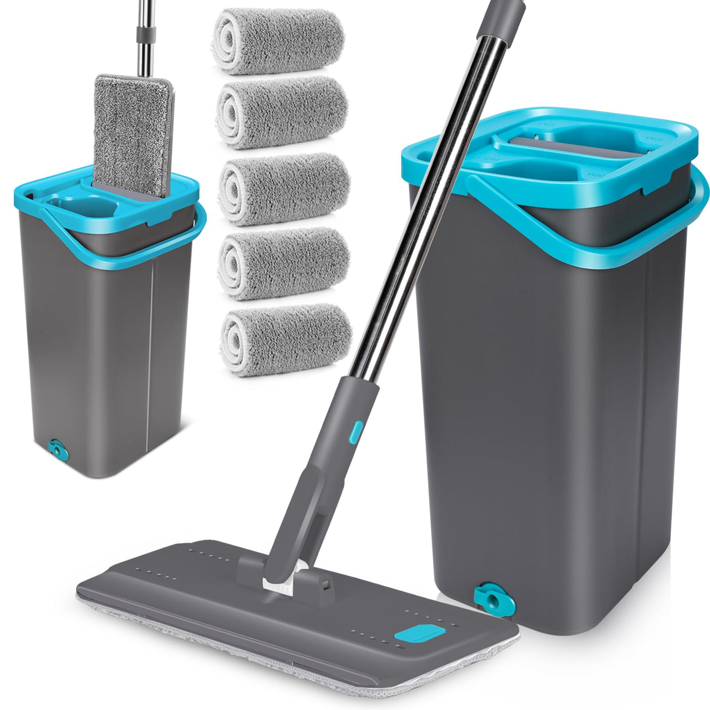 MASTERTOP Wischmopp Set mit Eimer, Bodenwischer Set mit 6 Mikrofaser Wischpads und Edelstahlgriff, 2 in 1 Putzeimer mit Wischmop, Wischer mit Auswringfunktionfür Alle Bodentypen, Grau+Blau