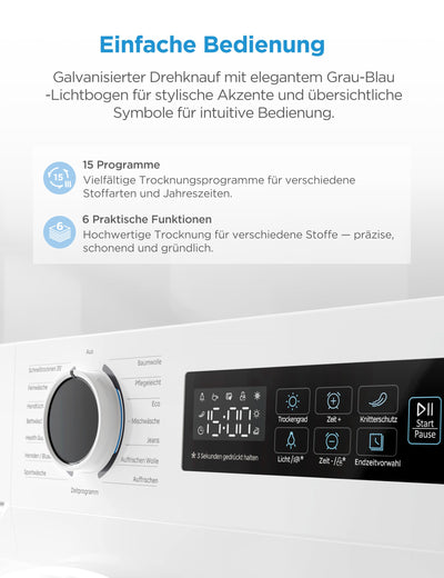 Midea MD11EH70BD Wärmepumpentrockner, 7 kg, Energieklasse D, Schnelltrocknen 35', HealthGuard, Sensor-Trocknung, Auffrischen,Knitterschutz, Auffrischen Wolle, Weiß