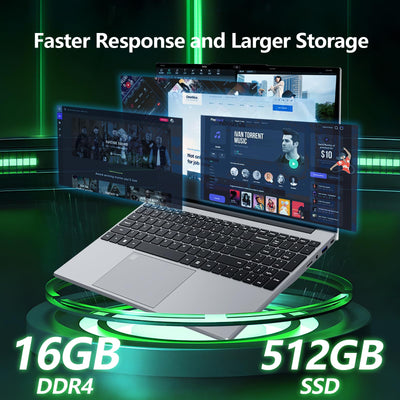 Win 11 Pro Laptop 15,6 Zoll, Notebook 16GB RAM 512GB SSD, Celeron N5095 Prozessor, Laptop FHD 1920*1080 mit Wi-Fi5/USB 3.0/Ziffernblock/Tastatur mit Hintergrundbeleuchtung/Touch ID PC-Computer