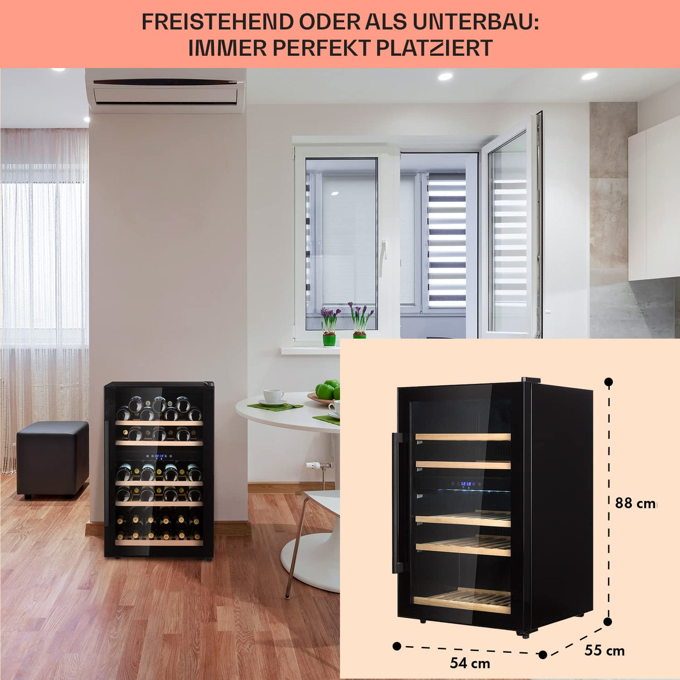 Klarstein Weinkühlschrank, Getränkekühlschrank Schmal, 2 Zonen Kühlschrank mit Glastür, Getränkekühlschränke Freistehend, Weinkühlschrank Klein, Weinkühlschränke mit UV-Schutz, 5-22 °C, 29 Flaschen