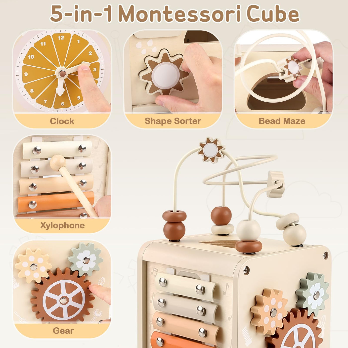 Vanplay Motorikwürfel Montessori Spielzeug Baby Motorikspielzeug ab 2 Jahr Activity Center Holzspielzeug Baby Aktivitätswürfel Xylophon Spielzeug 2 3 4 Jahre