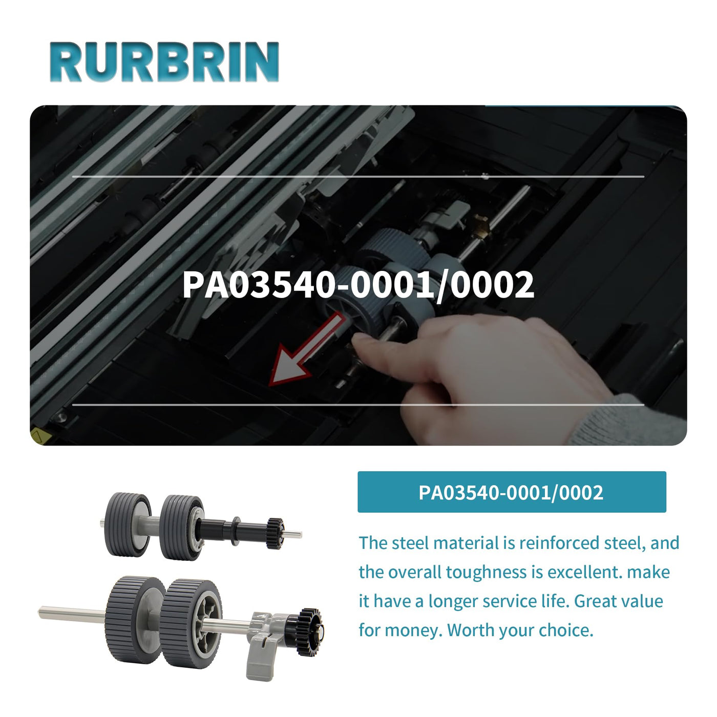 RURBRIN PA03540-0001 PA03540-0002 Bremswalze Pick Roller mit Schaft Scanner Teil passend für Fujitsu Fi-6130