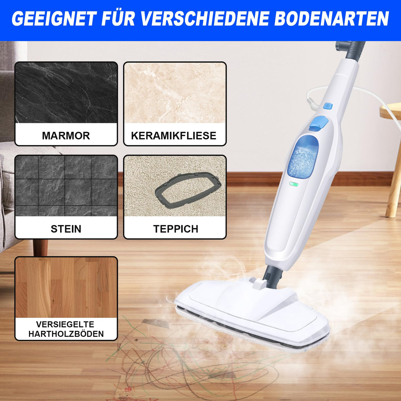 Dampfreiniger 1500W Dampfbesen Bodendampfreiniger Hand-dampfreiniger bis 108°C Elektrischer Bodenwischer mit Wassertank, Bodentuch, Entfernt bis zu 99,9% der Bakterien für Tiefenreinigung Böden