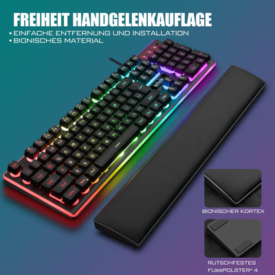 RedThunder K10 Gaming Tastatur und Maus Set, QWERTZ DE-Layout, Metallplatte und Handballenauflager,RGB-Hintergrundbeleuchtung und 7D mit Ergonomische für PC Gamer(Schwarz)