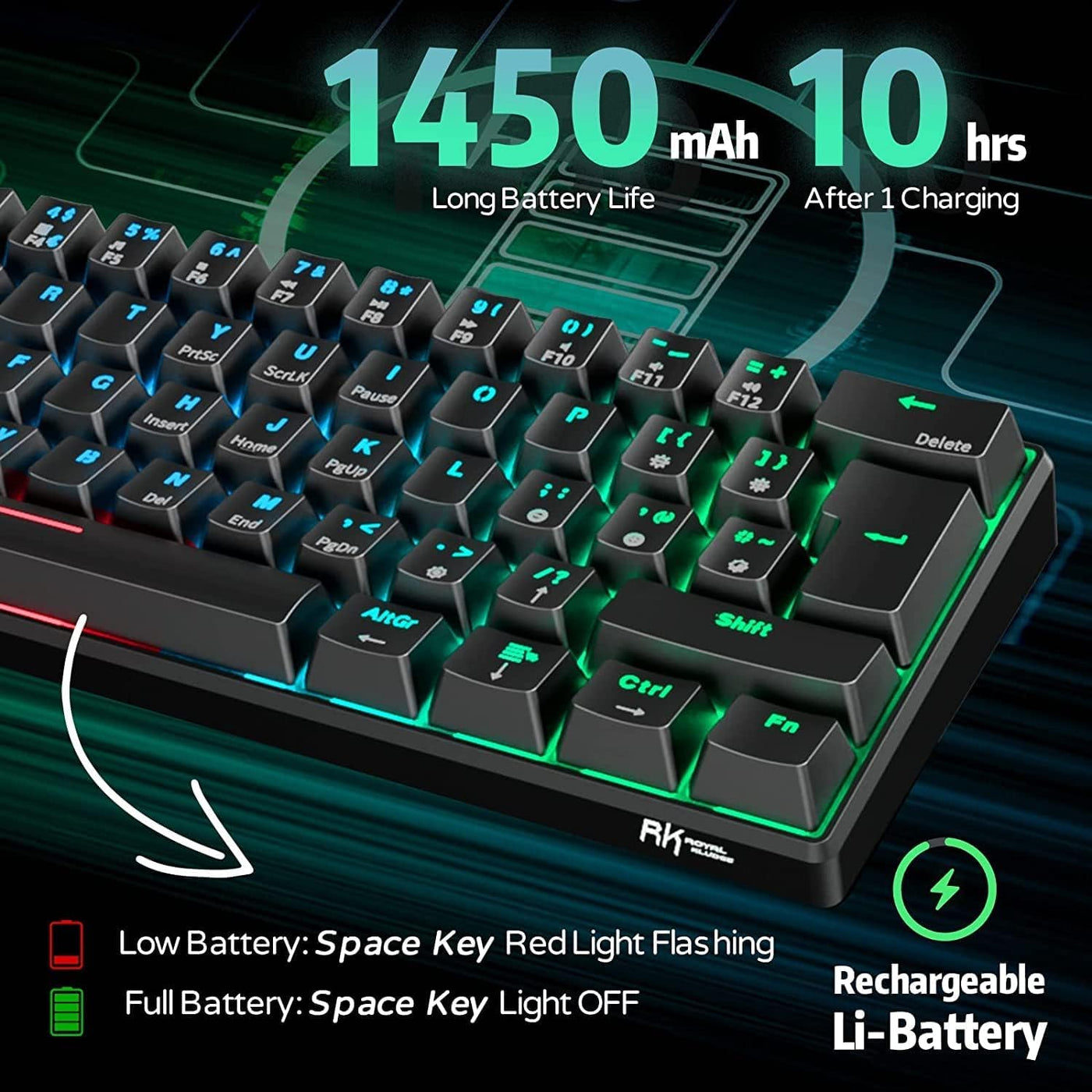 RK ROYAL KLUDGE RK61 Mechanische Tastatur 2,4 GHz Kabellose/Bluetooth/Verkabelte 60% Gaming Tastatur RGB-Beleuchtung Hot-Swap-fähiger Blauer Schalter, Kompatibel für Win/Mac, Schwarz (QWERTZ)