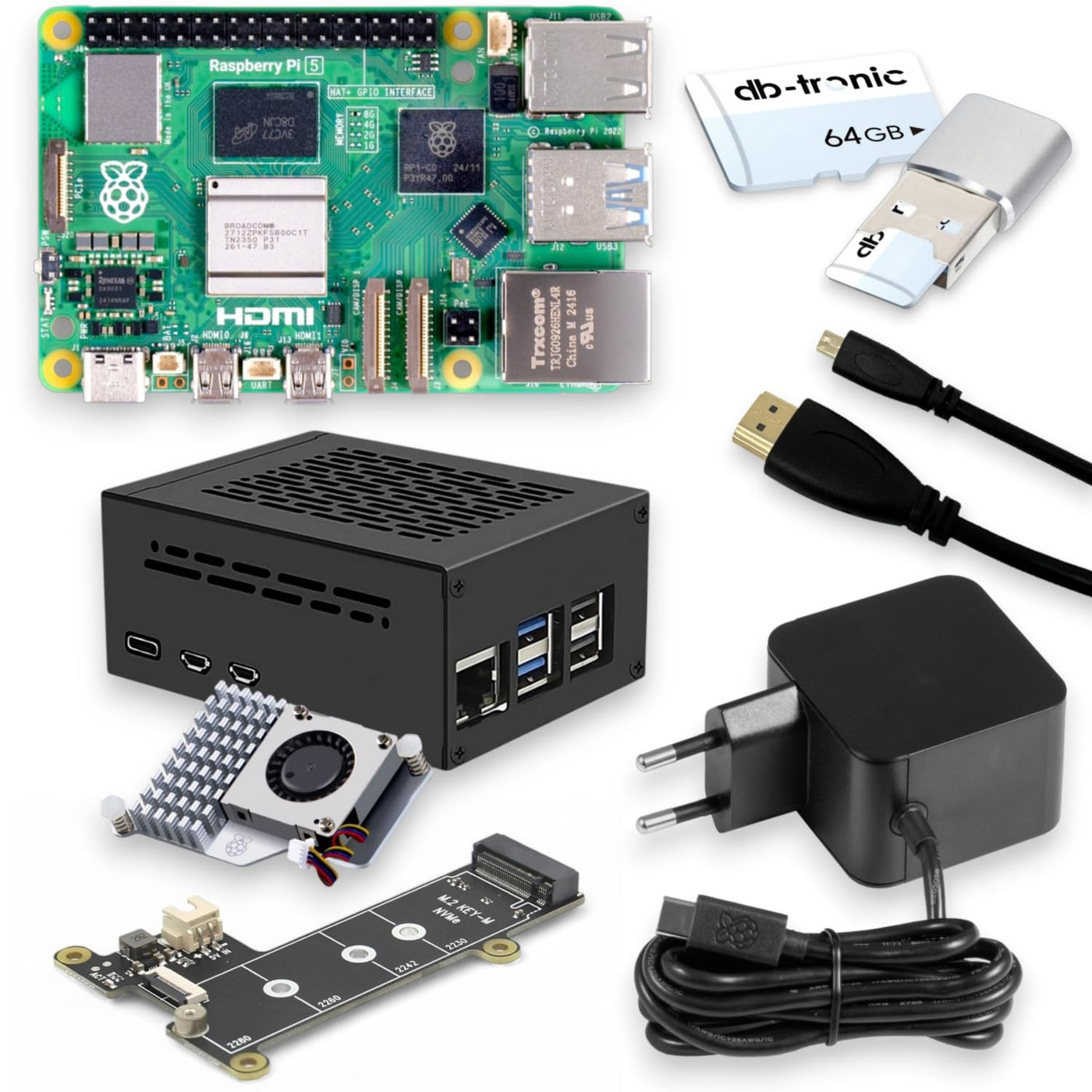 Raspberry Pi 5 8GB PCIe M.2 NVMe - Set | Metallgehäuse | Active Cooler | M.2 NVMe SSD PCIe Board | Offizielles USB-C 27W Netzteil | 64GB SD Karte | 4K Micro HDMI