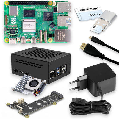 Raspberry Pi 5 8GB PCIe M.2 NVMe - Set | Metallgehäuse | Active Cooler | M.2 NVMe SSD PCIe Board | Offizielles USB-C 27W Netzteil | 64GB SD Karte | 4K Micro HDMI