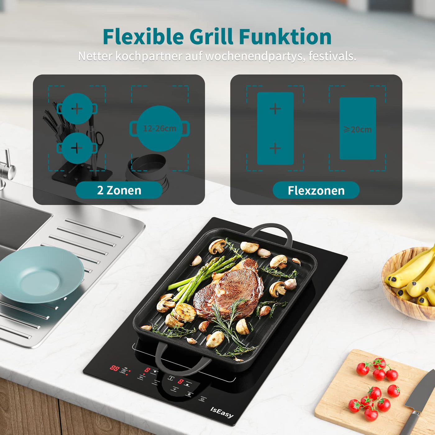 Induktionskochfeld mit Flexzonen, IsEasy domino Induktionskochfeld, Induktionskochfeld 2 platten mit 9 Leistungsstufen, Boost-Funktion,Kindersicherung und 1-99min Timer, 29.5cm, 3400W, Schwarz