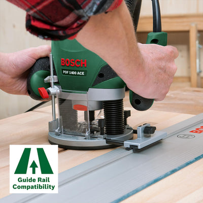 Bosch Oberfräse POF 1400 ACE (1400 W; für Holzbearbeitung; 3x Spannzange; Fräser; Parallelanschlag; Absaugadapter; im Koffer), Testnote: Testsieger (Magazin: selbst ist der Mann)