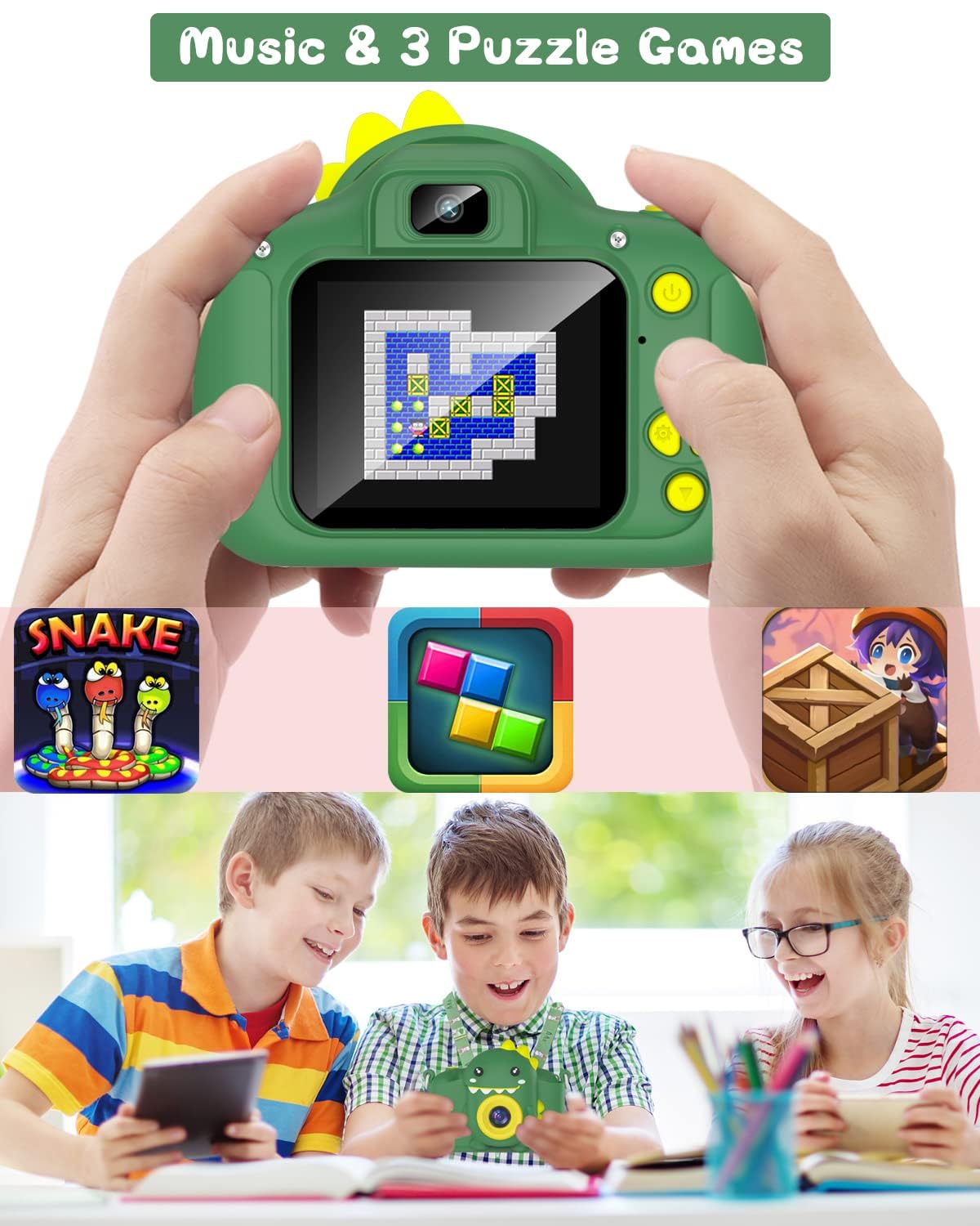 Kinderkamera, Gofunly Kinder Kamera 1080P 2,0-Zoll-Bildschirm Fotoapparat mit 32GB-Karte Selfie Digitalkamera Fotokamera für 3-12 Jahre Jungen und Mädchen Weihnachten Spielzeug - Grün Dinosaurier