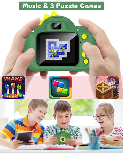 Kinderkamera, Gofunly Kinder Kamera 1080P 2,0-Zoll-Bildschirm Fotoapparat mit 32GB-Karte Selfie Digitalkamera Fotokamera für 3-12 Jahre Jungen und Mädchen Weihnachten Spielzeug - Grün Dinosaurier