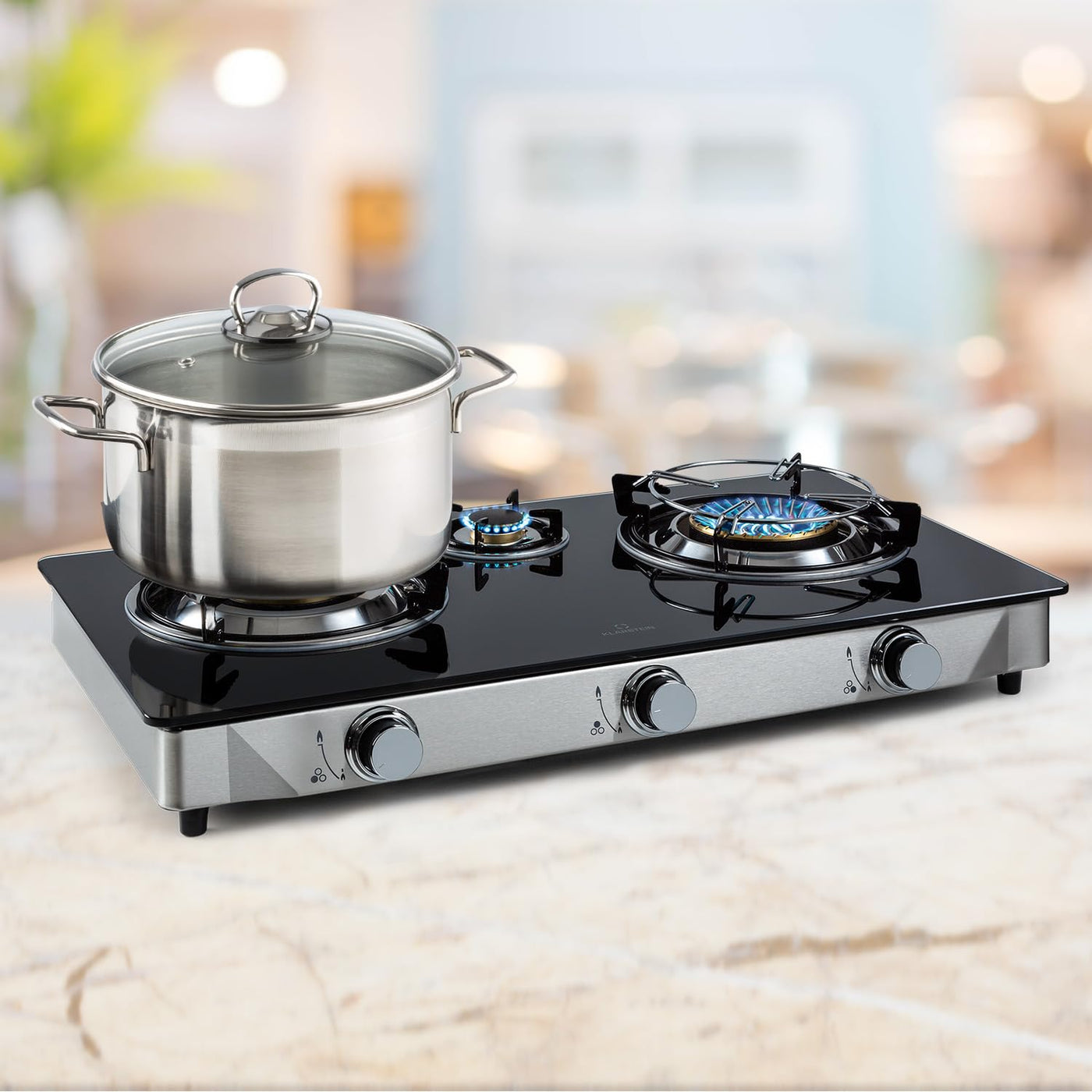 Klarstein Gaskocher mit Zündsicherung, Tragbarer, für Außen- & Innenbereich, Sicheres Gaskochfeld, Gasherd für Camping mit Edelstahlgehäuse, Flüssiggas