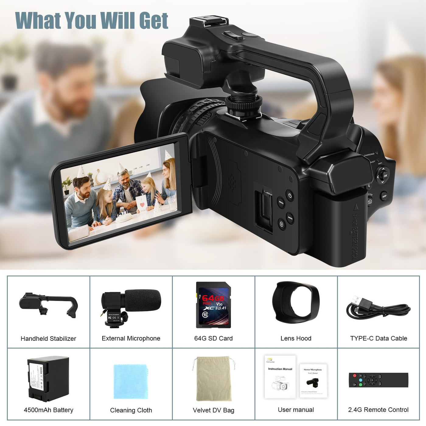 Videokamera 6K 64MP Camcorder 18X Digital Zoom Vlogging Camera for YouTube, 4.0" Touch Screen HD WiFi Videokamera mit 4500mAh Battery, 64G SD-Karte, Stabilizer, Microphone and Remote