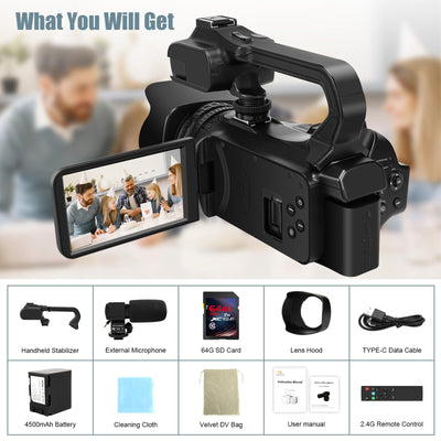 Videokamera 6K 64MP Camcorder 18X Digital Zoom Vlogging Camera for YouTube, 4.0" Touch Screen HD WiFi Videokamera mit 4500mAh Battery, 64G SD-Karte, Stabilizer, Microphone and Remote