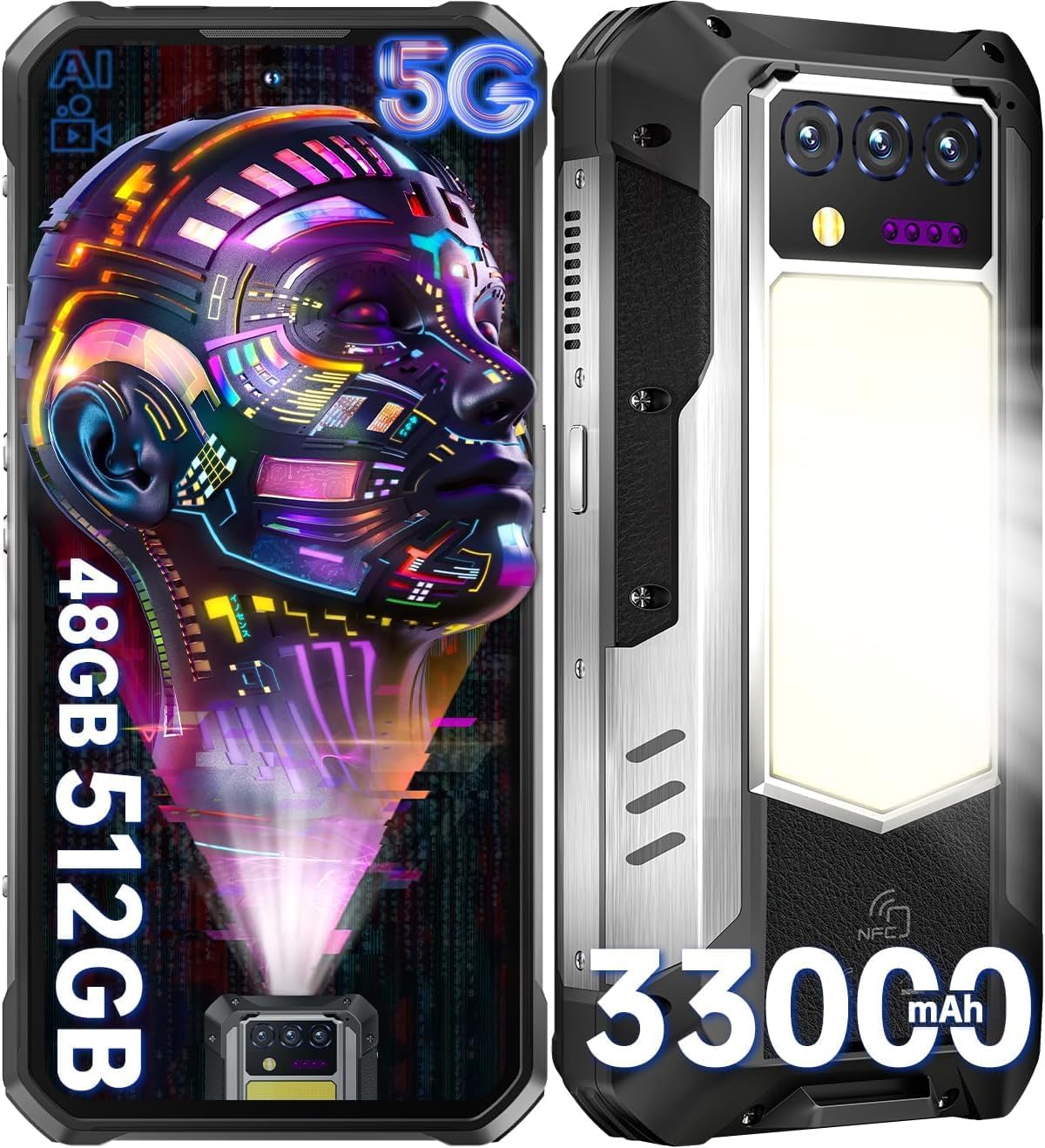 OUKITEL WP100 Titan Outdoor Handy 5G - 33000mAh Outdoor Smartphone mit 100 Lumen Projektor, 48GB RAM 512GB ROM 6,8" FHD+ Handy mit 1200 Lumen Campinglicht, 200MP+32MP+20MP Kamera, NFC/GPS/IP68/IP69K