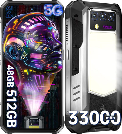OUKITEL WP100 Titan Outdoor Handy 5G - 33000mAh Outdoor Smartphone mit 100 Lumen Projektor, 48GB RAM 512GB ROM 6,8" FHD+ Handy mit 1200 Lumen Campinglicht, 200MP+32MP+20MP Kamera, NFC/GPS/IP68/IP69K