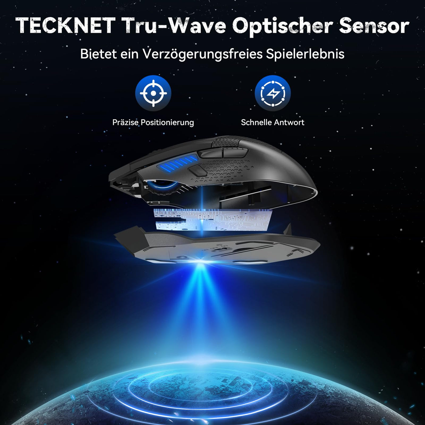 TECKNET Kabellose Gaming Maus, 2,4 GHz Wireless Gamer Maus 8 Tasten, 4800 DPI, 20 Millionen Klicks, Wireless Mouse, Ergonomische Optische Maus für PC/Mac/Laptop