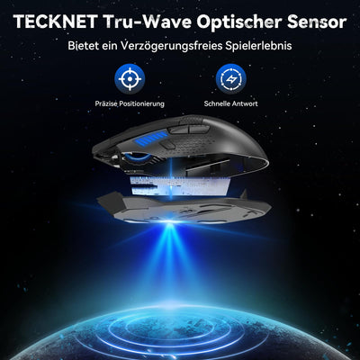 TECKNET Kabellose Gaming Maus, 2,4 GHz Wireless Gamer Maus 8 Tasten, 4800 DPI, 20 Millionen Klicks, Wireless Mouse, Ergonomische Optische Maus für PC/Mac/Laptop