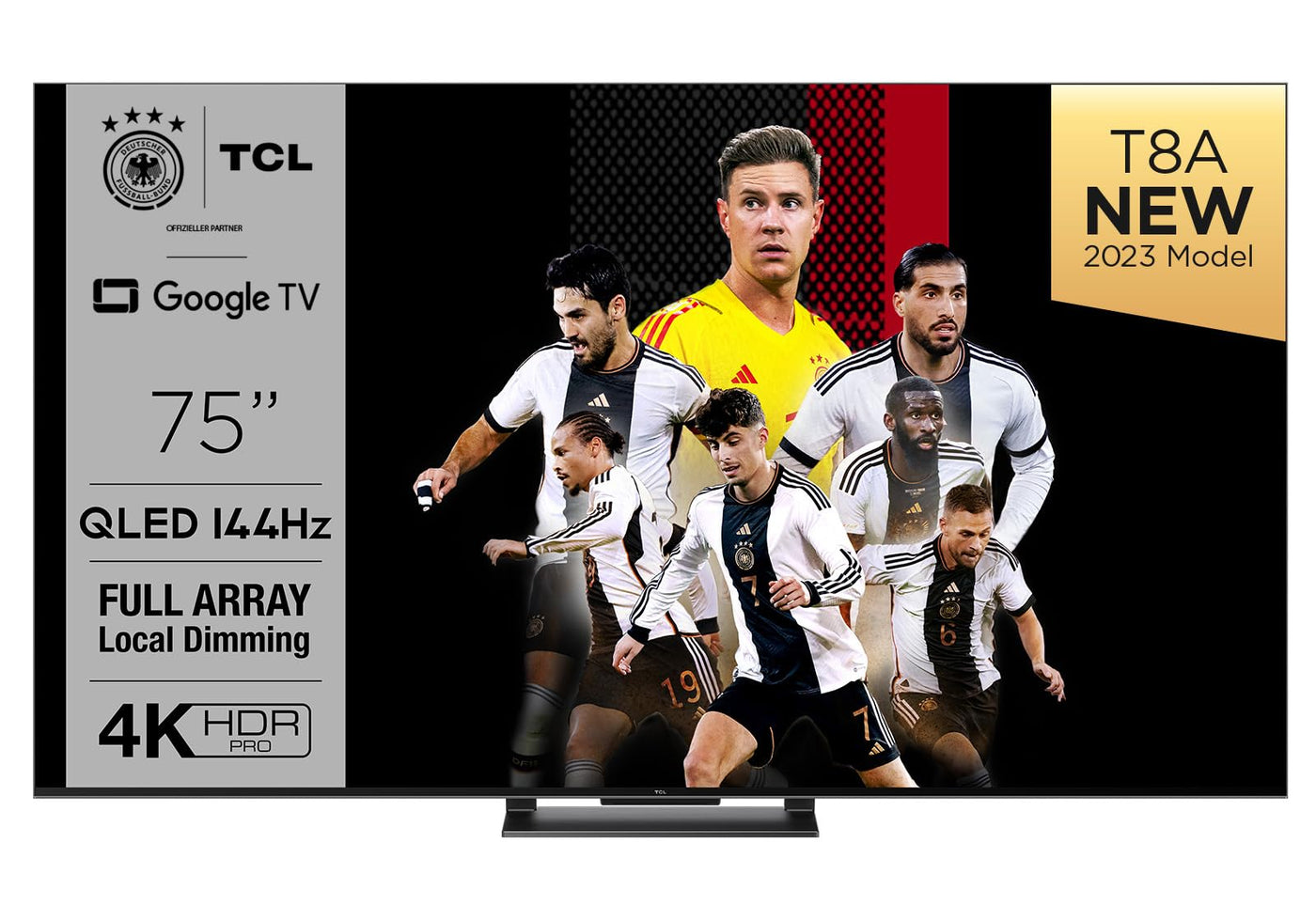 TCL 75T8A 75-Zoll-Fernseher, QLED, HDR 1000 nits, Full Array Local Dimming, IMAX Enhanced, 144Hz VRR, Dolby Vision und Atmos TV, Unterstützt bei Google