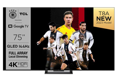 TCL 75T8A 75-Zoll-Fernseher, QLED, HDR 1000 nits, Full Array Local Dimming, IMAX Enhanced, 144Hz VRR, Dolby Vision und Atmos TV, Unterstützt bei Google