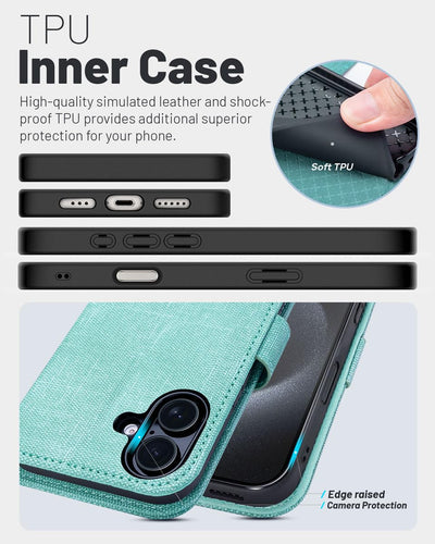 OCASE iPhone 16 Plus Hülle Handyhülle Premium PU Leder, Kartenfach Standfunktion, RFID Grhutzhülle Klapphülle Handytasche Lederhülle Kompatibel für iPhone 16 Plus (6,7 Zoll) Denim Grüne