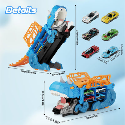 Shawe Dinosaurier Transporter Truck Auto Spielzeug ab 3 4 5 6 Jahre mit 6 Die-Cast-Fahrzeugen, Autorennbahn Aufbewahrung Verschlucken Transformierbar Spielzeugautos Geschenk für Jungen Mädchen Kinder