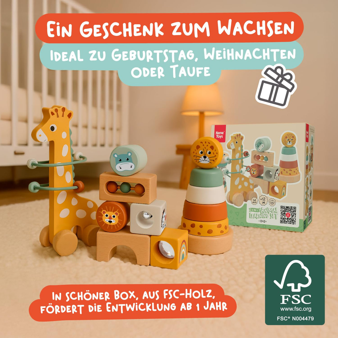 Nene Toys Spielzeug ab 1 Jahr – Montessori Baby Holzspielzeug 4-in-1 Set mit Klangbausteinen, Regenmacher, Stapelturm & Jirafa-Labyrinth – Holzbausteine Motorikspielzeug Geschenk Junge Mädchen