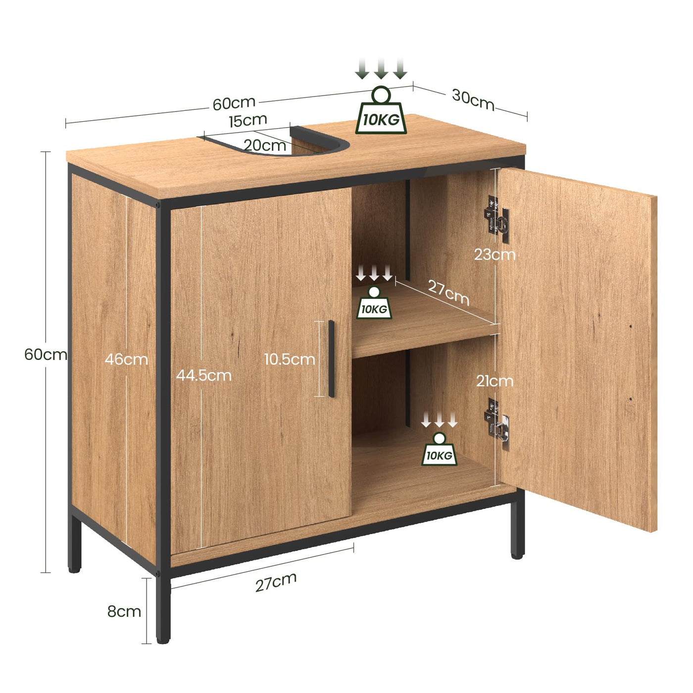EUGAD Waschbeckenunterschrank 60x60x30 cm, Badezimmerschrank mit höhenverstellbarer Trennwand, Kleiner Schrank im Badezimmer, Badschrank aus Holzwerkstoff Metall, Schwarz