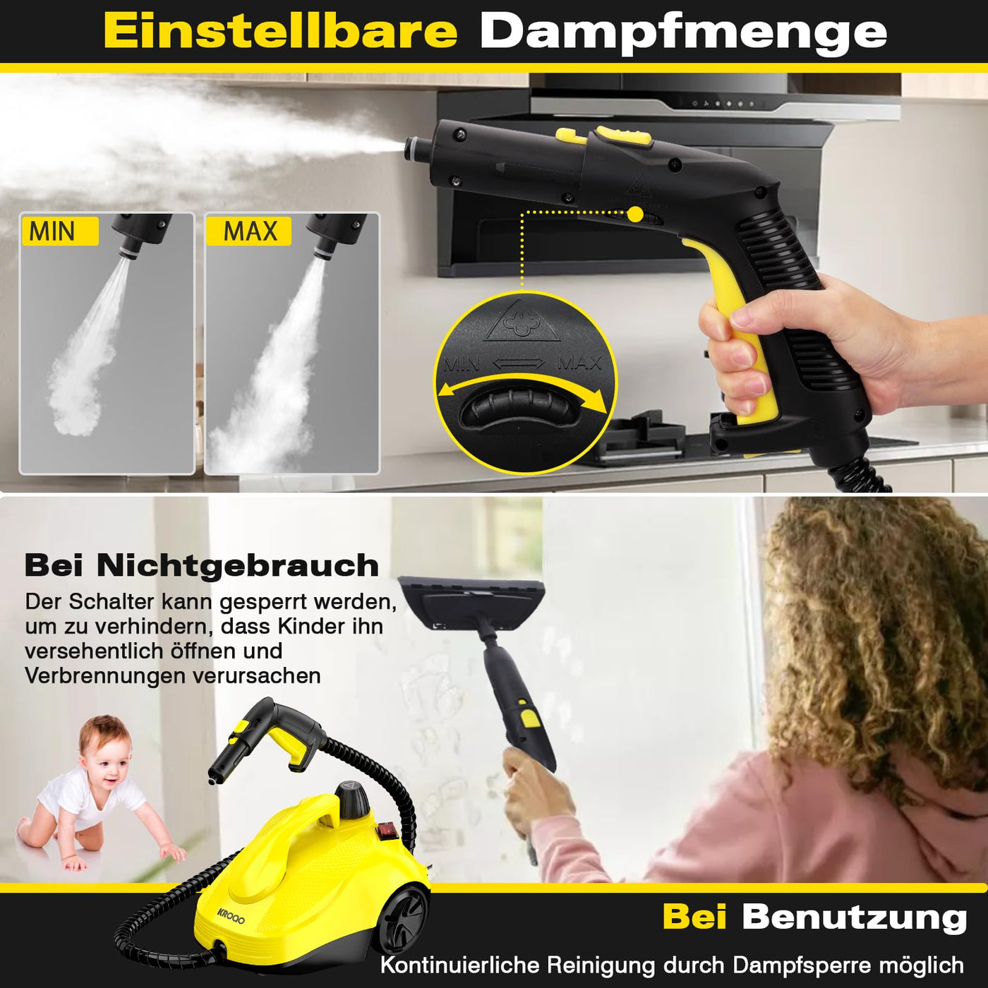 KROQO Dampfreiniger,Mehrzweck-Dampfreiniger Handgerät,Dampfreiniger für alles mit 23-Zubehörteilen,Entfernen von Tapeten,Boden,Teppich,Sofa,Polstermöbel,Auto,Fliesen,Polster,Bad- 1.5L Steam Cleaner