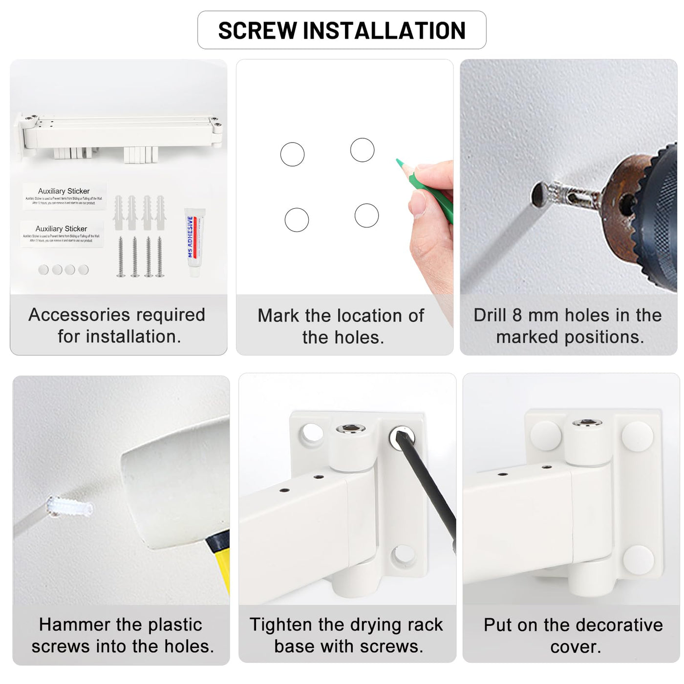 SWAWIS Wäscheständer Wandmontage Kleiderstange 120cm Ausziehbar Klappbar Wäscheständer Kleiderstange Wand mit 18 Haken für Balkon, Wäsche, Badezimmer, Schlafzimmer, DREI Falten, Weiß