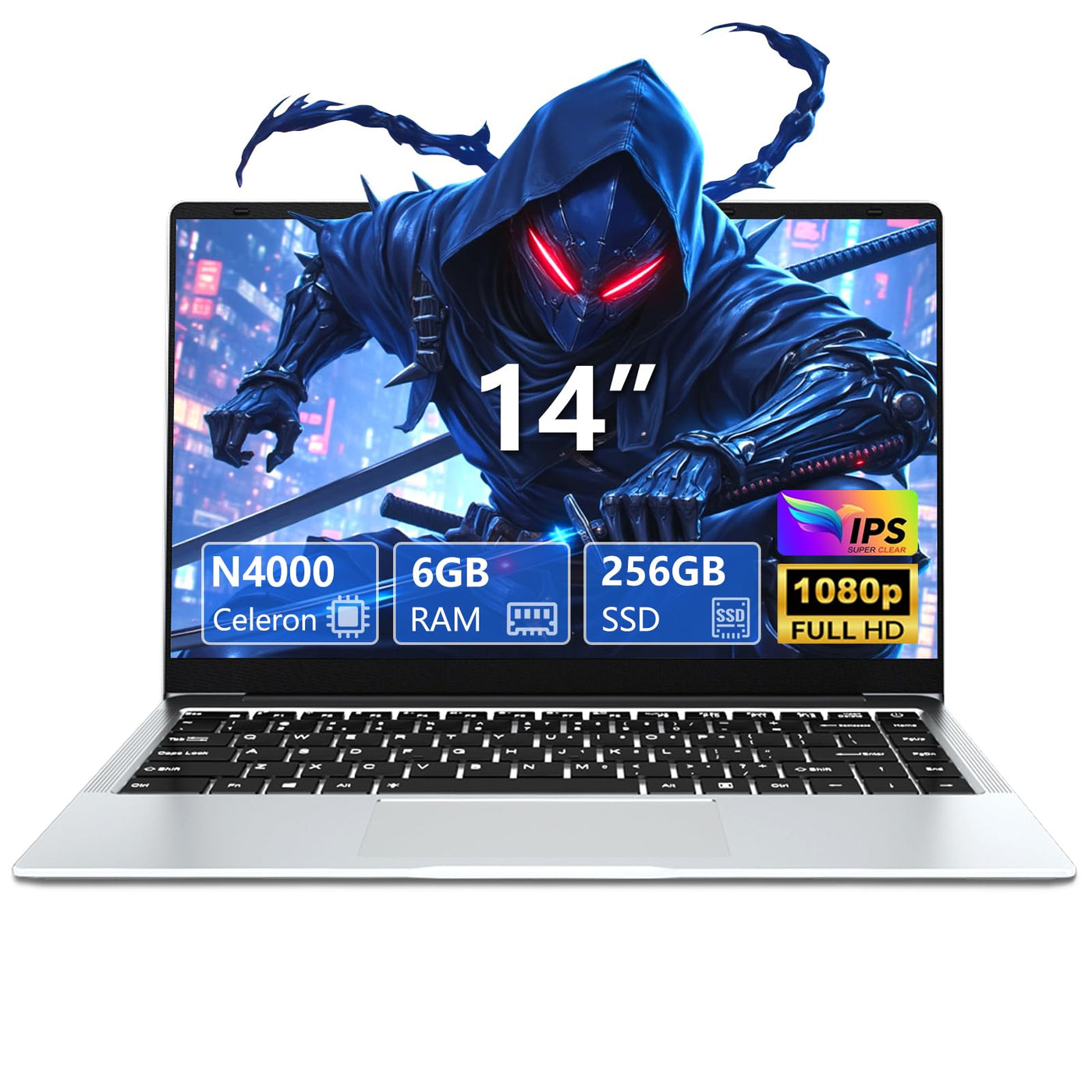 14,1 Zoll Laptop, Notebook 6 GB RAM 256 GB SSD, Celeron N4000 CPU, 180° Flip Screen FHD 1080P, Win 11 Pro Laptop mit Mini-HDMI, USB 3.0, 5000 mAh Akku, Silber Schlanker und leichter PC-Computer