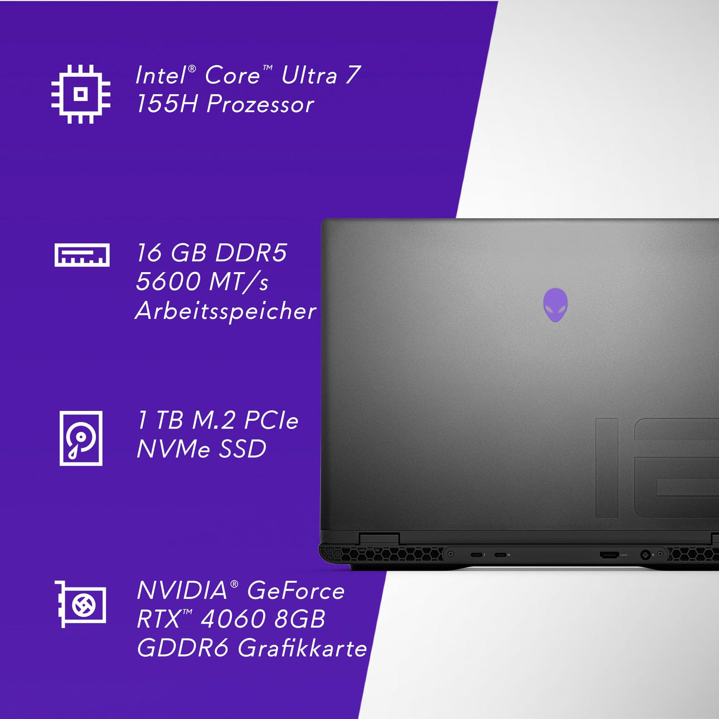 Alienware m16 R2 Gaming Laptop - 16" QHD+ 240Hz, Intel Core Ultra 7 Series 1, 16GB RAM, 1TB SSD, NVIDIA GeForce RTX 4060, Windows 11 Home, German AlienFX Keyboard - Dark Metallic Moon