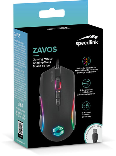 SPEEDLINK ZAVOS Gaming Mouse – Gaming Maus mit Kabel, mehrfarbige LED Beleuchtung, 5 Tasten PC Maus kabelgebunden, DPI-Schalter bis 6400dpi, gummierte Oberfläche, ummanteltes Kabel, schwarz