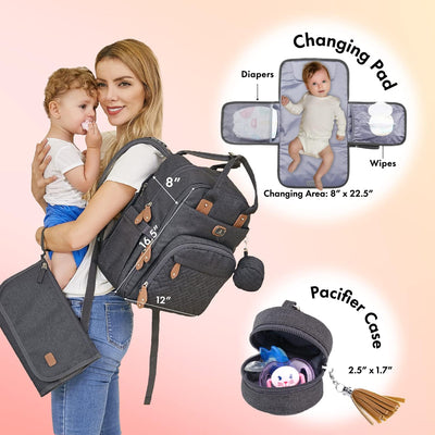 Wickeltasche Rucksack - Dikaslon Großer Wickelrucksack mit Multifunktions-Babytaschen und mobiler Wickelauflage - Schnullerhalter und Kinderwagengurte - für Mama und Papa (dunkelgrau), Einheitsgröße