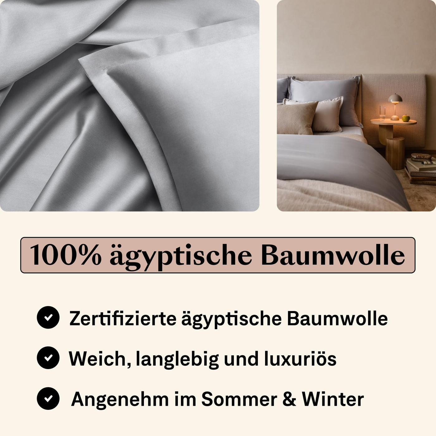 Amqua Mako Satin Kissenbezug (1x) aus ägyptischer Baumwolle 70x90 cm, hellgrau