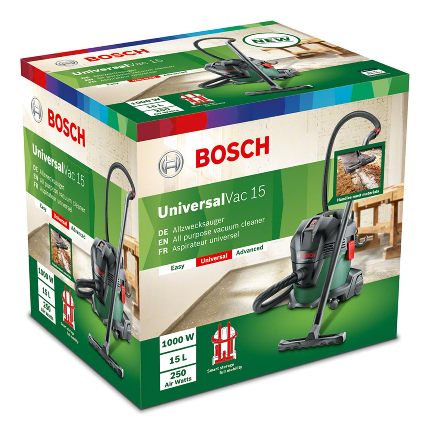 Bosch Nass- und Trockensauger UniversalVac 15 im Set mit fünf Papierfilterbeuteln (1000 Watt, 15 Liter Behältervolumen, im Karton)