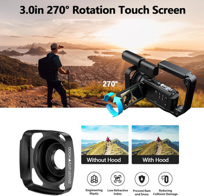 Videokamera 5K 56MP Camcorder Vlogging Kamera für YouTube,WiFi Nachtsicht 3" 270° drehbarer Touchscreen Video Vlogging Camera mit 64GB Karte, Mikrofon, Stabilisator, Fernbedienung,2 Batterien,Stativ