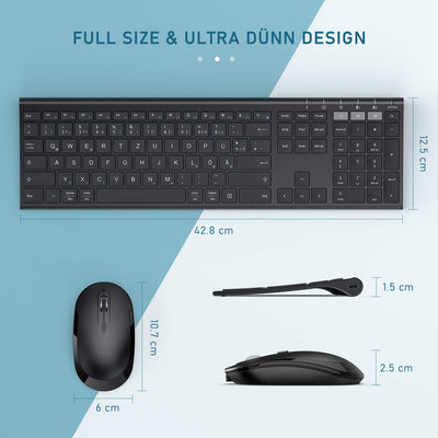 seenda Bluetooth Tastatur mit Maus Kabellos, Dual Bluetooth & 2.4G USB-Stick Tastatur Maus Set Kabellos, Wiederaufladbare Funktastatur Maus mit DE Layout für Mac/Windows/Android - Schwarz